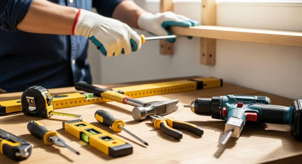 Pessoa montando prateleira com kit de ferramentas em bancada de madeira