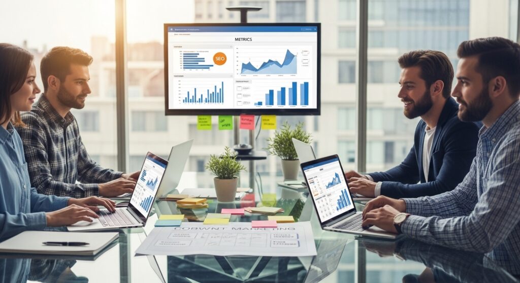 Equipe de marketing analisa métricas de SEO e calendário de conteúdo em escritório moderno