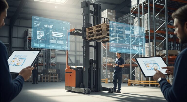 Interior de armazém inteligente com empilhadeira e telemetria