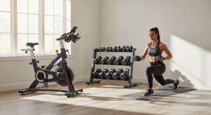 Mulher treinando em casa com pesos e bicicleta de spinning iluminada pela luz natural