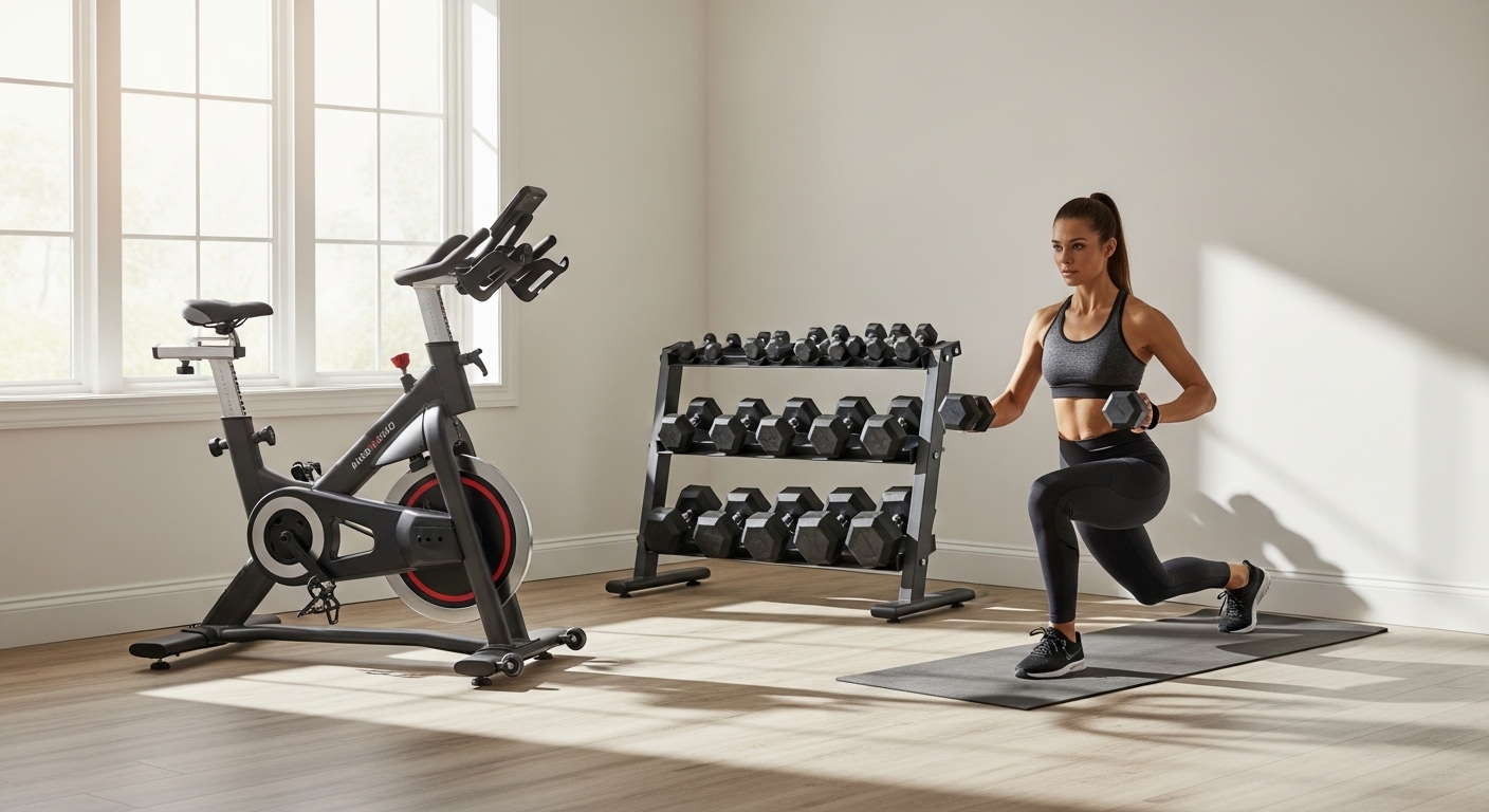 Mulher treinando em casa com pesos e bicicleta de spinning iluminada pela luz natural