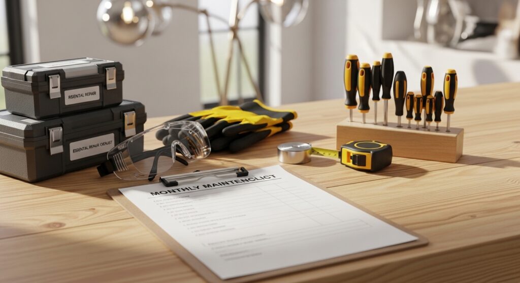 Kit de reparos organizado com checklist mensal em bancada iluminada