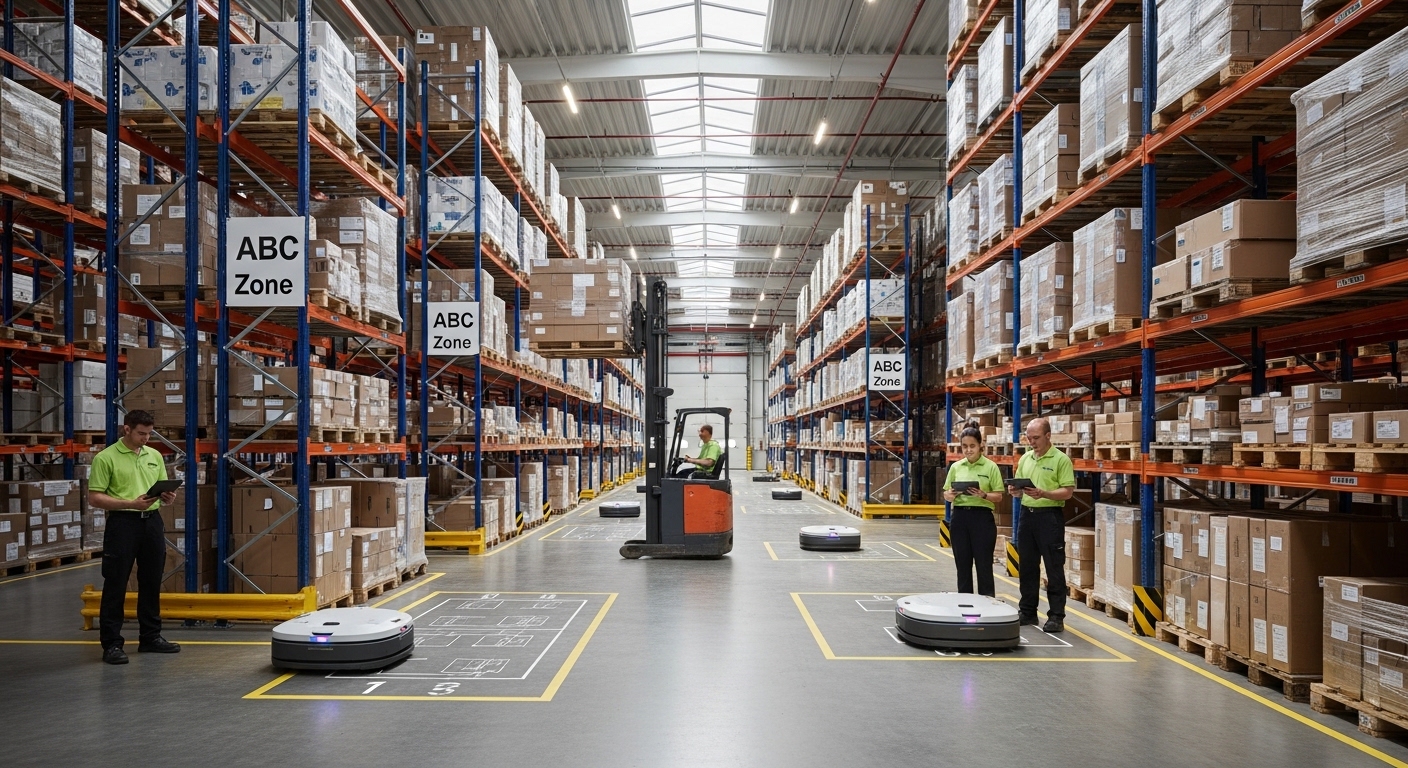 Interior de armazém moderno com empilhadeira, paleteira e AGVs em funcionamento