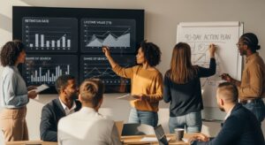 Profissionais de marketing analisando métricas de retenção, LTV e share of search em escritório moderno