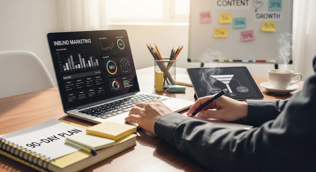 Profissional de marketing revendo métricas de inbound marketing em escritório moderno