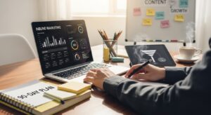 Profissional de marketing revendo métricas de inbound marketing em escritório moderno