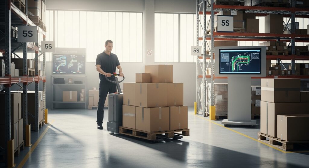 Fluxo de materiais em armazém com colaborador operando transpaleta elétrica