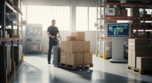 Fluxo de materiais em armazém com colaborador operando transpaleta elétrica