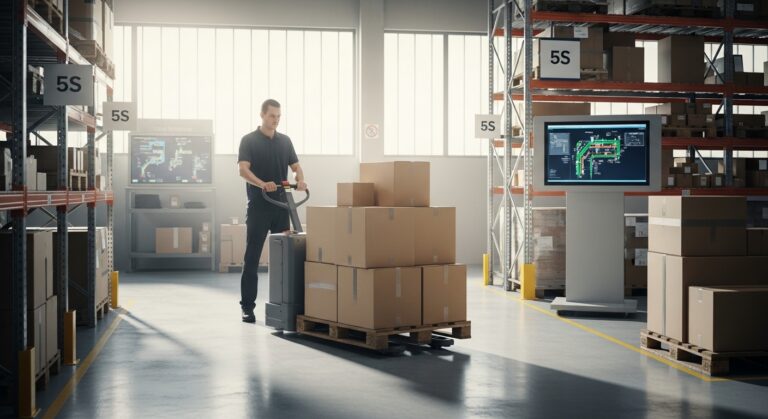 Fluxo de materiais em armazém com colaborador operando transpaleta elétrica