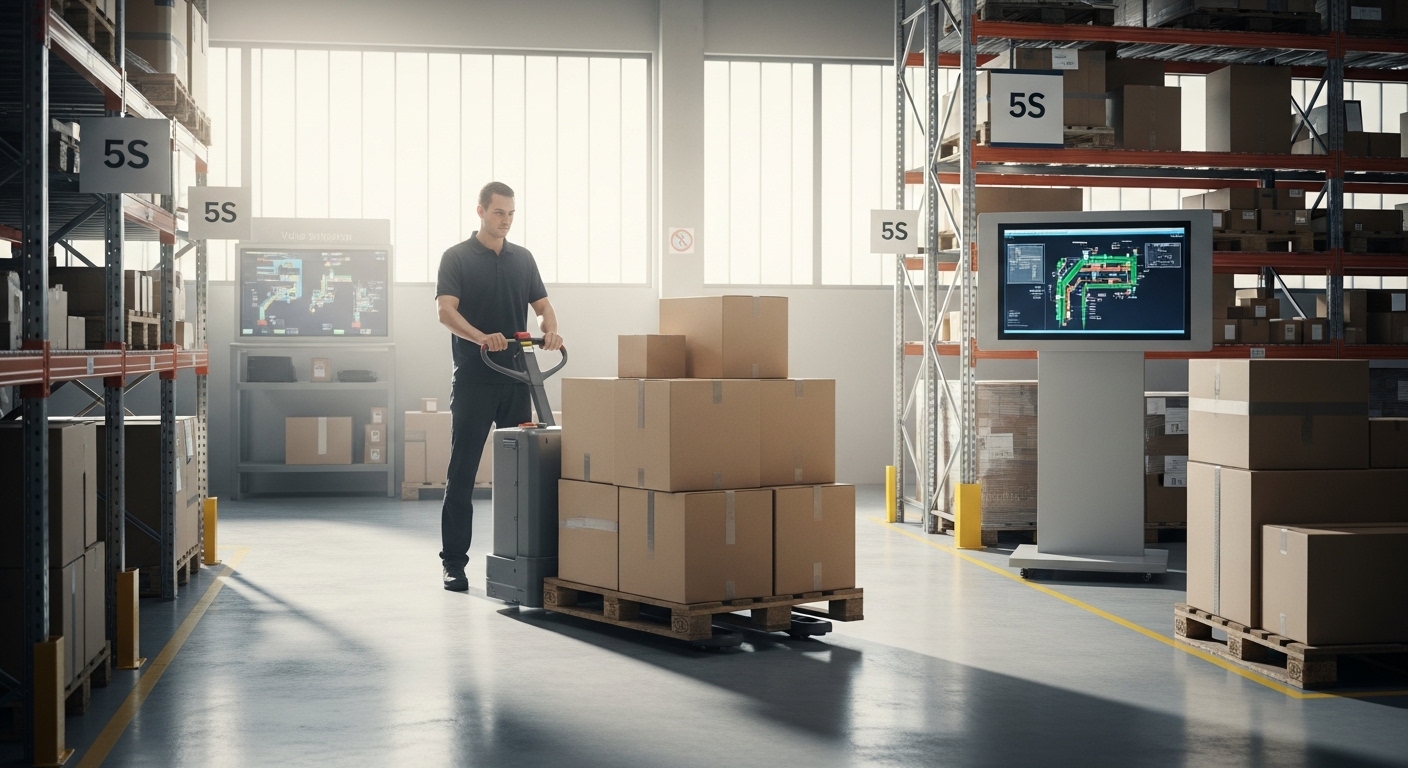 Fluxo de materiais em armazém com colaborador operando transpaleta elétrica