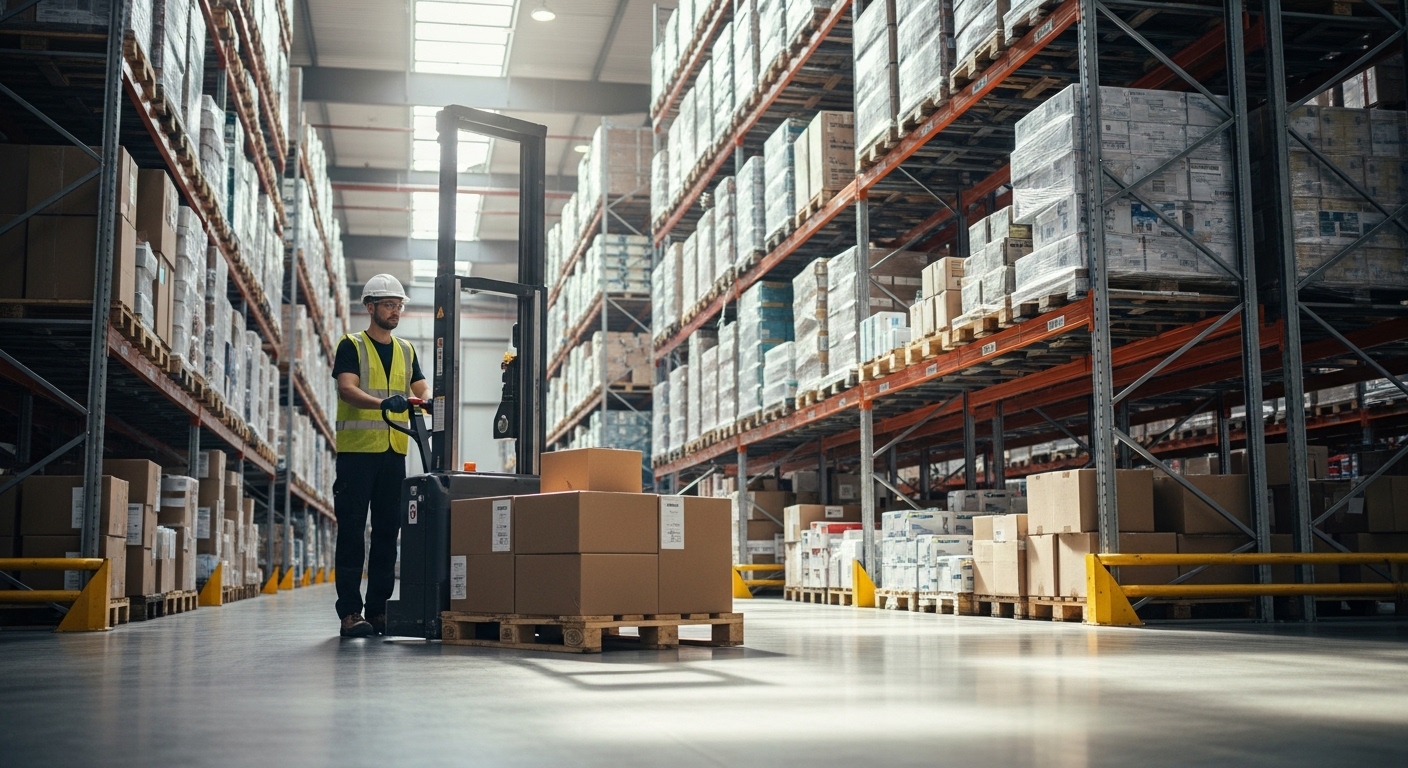 Operador usando transpaleta elétrica em armazém organizado