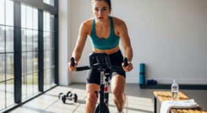 Mulher praticando spinning em bicicleta ergométrica iluminada por luz natural