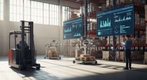 Empilhadeira elétrica em centro de distribuição automatizado com telas de KPI