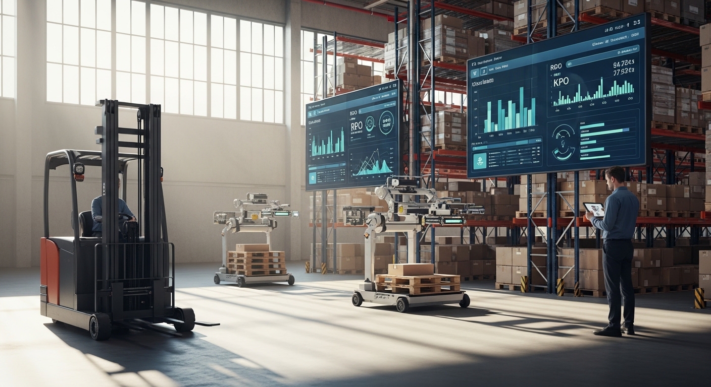 Empilhadeira elétrica em centro de distribuição automatizado com telas de KPI