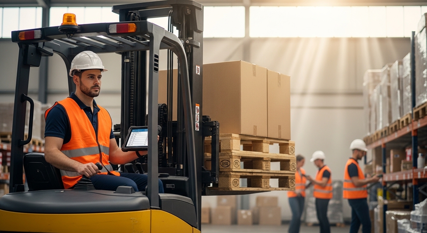 Operador de empilhadeira em armazém iluminado segurando tablet