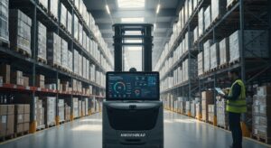 Empilhadeira conectada em armazém moderno de e-commerce