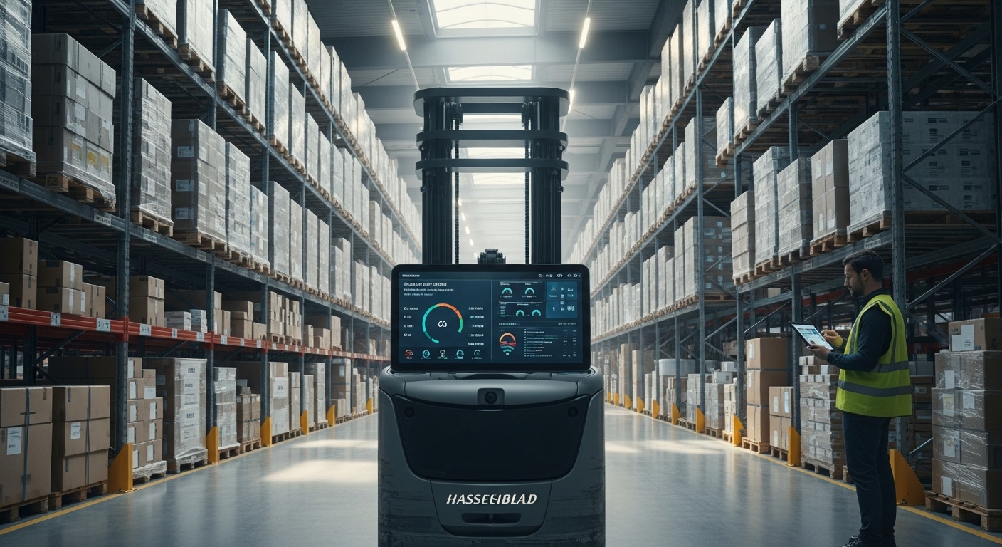 Empilhadeira conectada em armazém moderno de e-commerce