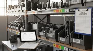Peças de empilhadeira organizadas em prateleiras com etiquetas e checklist digital