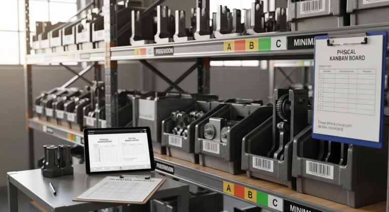 Peças de empilhadeira organizadas em prateleiras com etiquetas e checklist digital