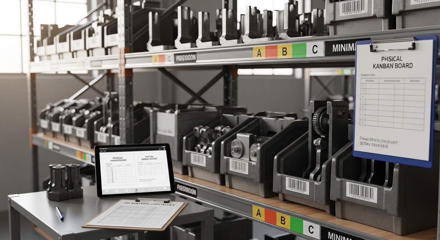 Peças de empilhadeira organizadas em prateleiras com etiquetas e checklist digital