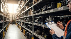 Técnico inspecionando peças de empilhadeira organizadas no estoque MRO