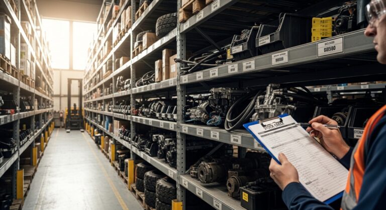 Técnico inspecionando peças de empilhadeira organizadas no estoque MRO
