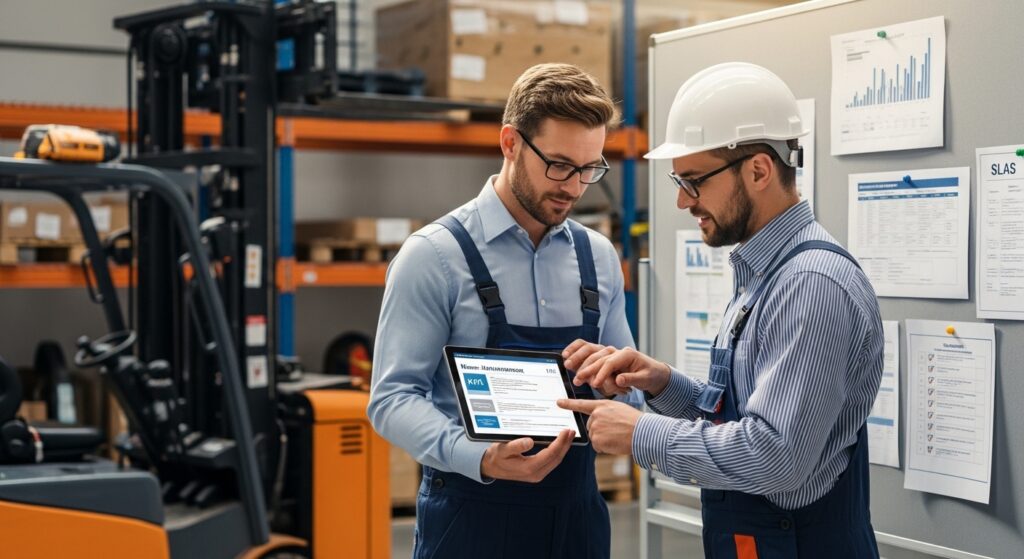 Técnico de empilhadeira e gerente revisando checklists em um galpão industrial.