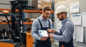 Técnico de empilhadeira e gerente revisando checklists em um galpão industrial.