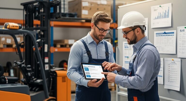 Técnico de empilhadeira e gerente revisando checklists em um galpão industrial.