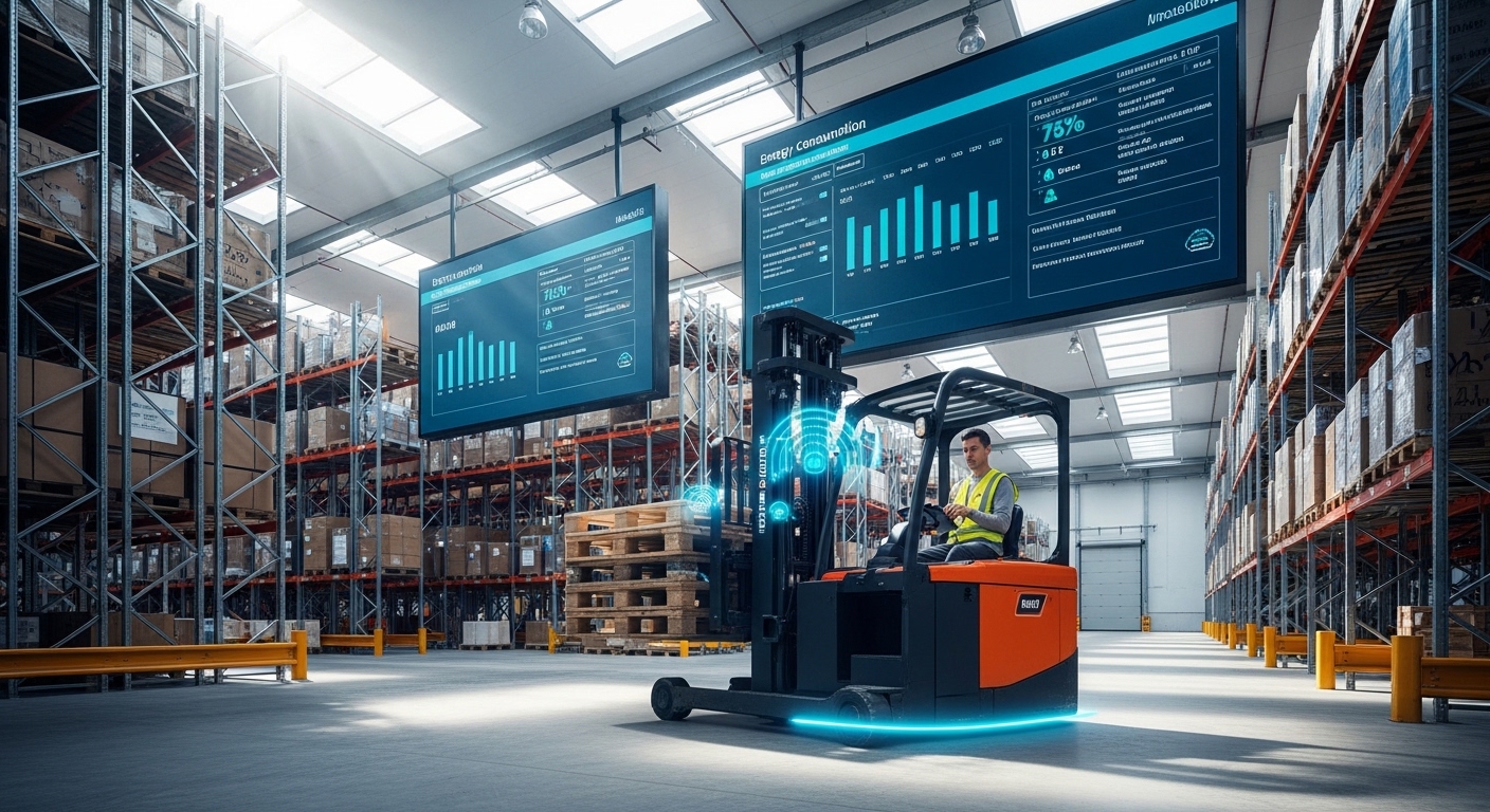 Empilhadeira elétrica conectada em centro de distribuição moderno