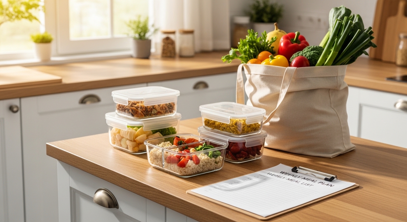 Bancada de cozinha com marmitas e lista de compras organizadas