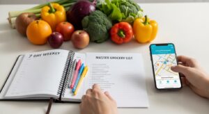 Planejador semanal com lista de supermercado e smartphone em bancada iluminada