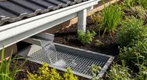 Sistema de drenagem residencial com calhas, grelhas e jardim de chuva