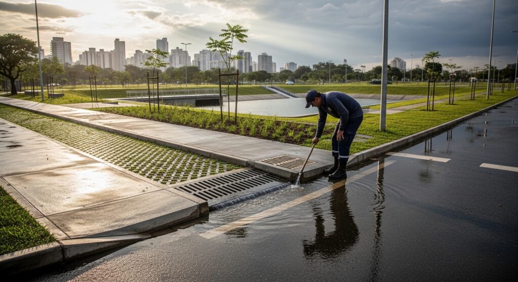 Inspeção de drenagem urbana com calçamento permeável e jardim de chuva