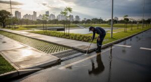 Inspeção de drenagem urbana com calçamento permeável e jardim de chuva