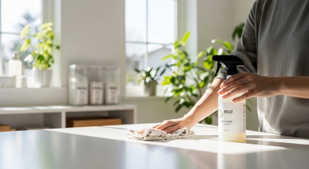 Pessoa limpando bancada com pano multiuso e refil reutilizável em ambiente minimalista.