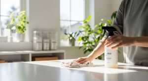 Pessoa limpando bancada com pano multiuso e refil reutilizável em ambiente minimalista.