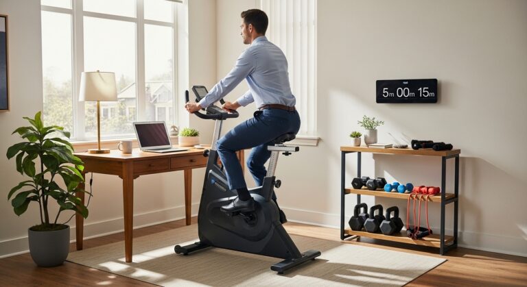 Profissional pedalando bicicleta ergométrica silenciosa no home office em pausa ativa