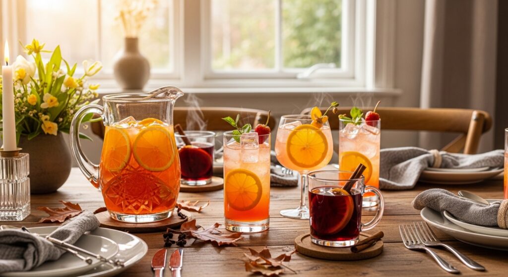 Mesa posta com drinks sazonais à base de vinho e decoração de estação