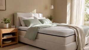 Quarto moderno com cama de casal e colchão ergonômico iluminado por luz natural