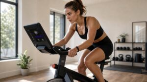 Pessoa treinando cardio em bicicleta ergométrica em casa