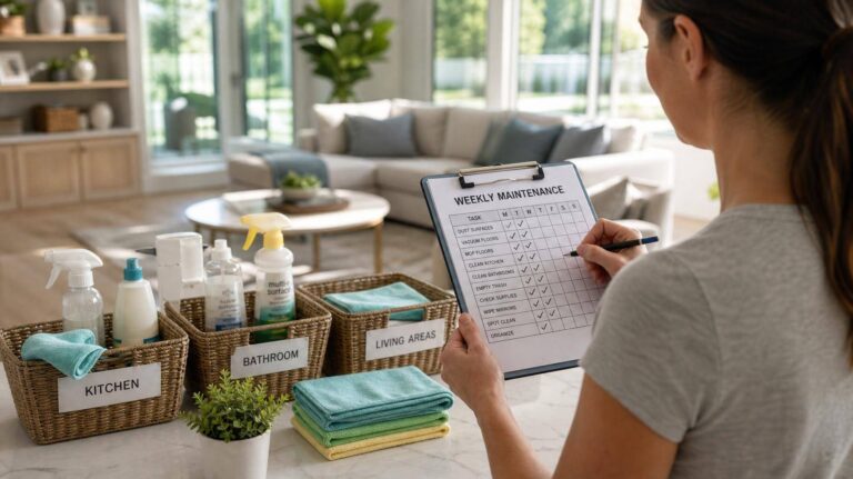 Sala de estar com checklist de limpeza semanal e utensílios organizados
