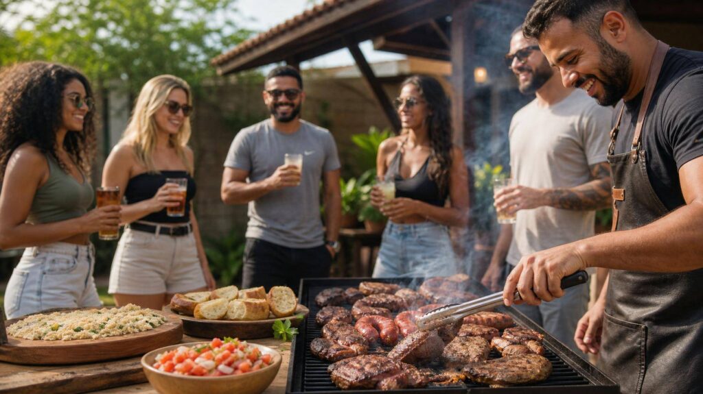 Grupo de amigos em churrasco ao ar livre com carnes variadas e acompanhamentos