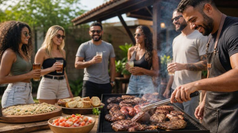 Grupo de amigos em churrasco ao ar livre com carnes variadas e acompanhamentos