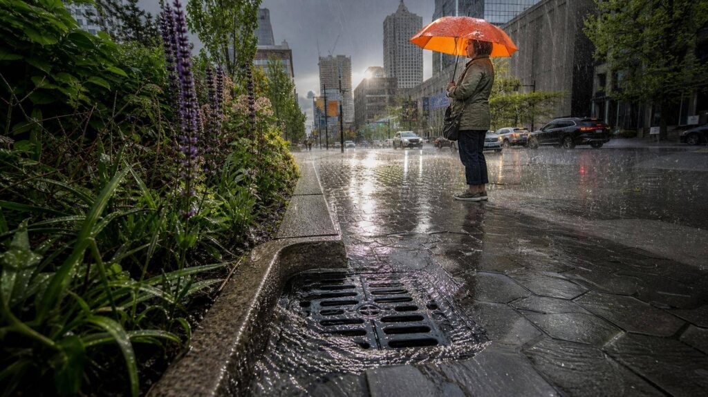 Rua urbana com pavimento permeável e jardim de chuva durante forte chuva
