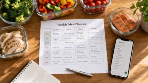Plano semanal de refeições com ingredientes frescos e lista de compras
