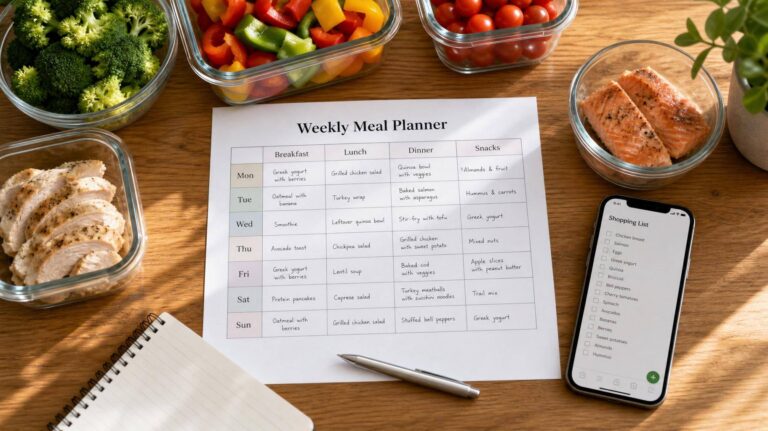 Plano semanal de refeições com ingredientes frescos e lista de compras
