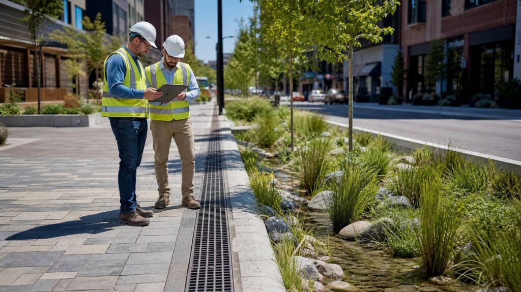 Engenheiros inspecionando drenagem urbana sustentável em uma rua moderna