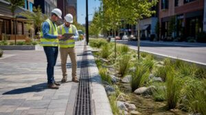 Engenheiros inspecionando drenagem urbana sustentável em uma rua moderna