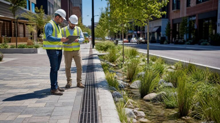 Engenheiros inspecionando drenagem urbana sustentável em uma rua moderna